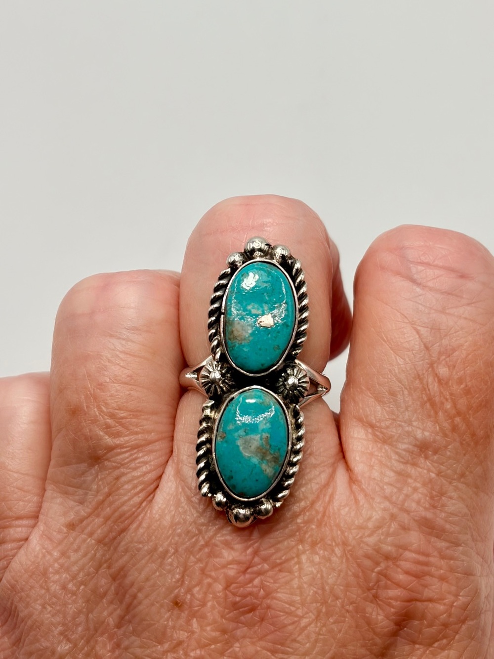 Robert Shakey Signed Double Turquoise Oval Sterling Silver Ring